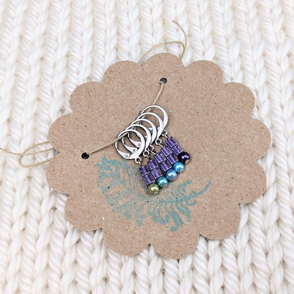 Removable Stitch Markers for Knitting or Crochet - Closable - Set of 5 - Purples Greens and Blues  - L25