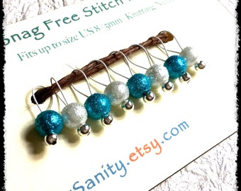 Snag Free Stitch Markers Small Set of 8 - Turquoise and White Textured Glass Pearls -- K2 -- Up to size US 8 (5.0mm) Knitting Needles