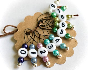 Snag Free Stitch Markers - Medium - Set of 10 - Purples Blues and Greens with Numbers - M35 - Fits up to Size US 11 (8mm) Knitting Needles