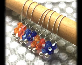 Snag Free Stitch Markers - Large Set of 8 - Orange and Blue Crystal - N81 - Fits up to Size US 17 (12.75mm) Knitting Needles