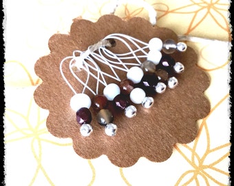 Snag Free Stitch Markers Medium Set of 8 - Brown Purple and White Glass and Stone Mix - M76 -- For up to size US 11 (8mm) Knitting Needles