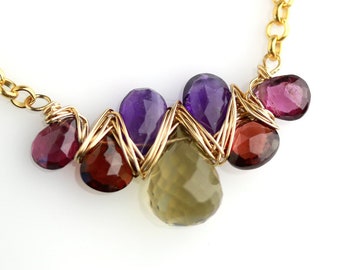 Jewel Tones Gem Weave Arc Necklace with Amethyst, Beer Quartz, Garnet and Gold Fill Chain