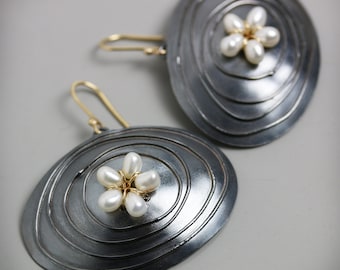Midnight Ovals with Pearl Flowers Earrings. Solid 14k gold and Oxidized Sterling Silver.