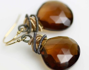 Special. Bold Whiskey Quartz Faceted Dangle Earrings with Mixed Metal Freeform Wire Coils