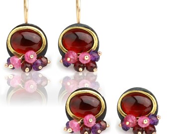 Garnet Earrings with Gemstone Clusters Dangle or Post