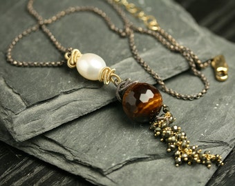 Dark Romance Tiger Eye, Freshwater Pearl and Pyrite Necklace with Mixed Metal Wire Wrapped Coils