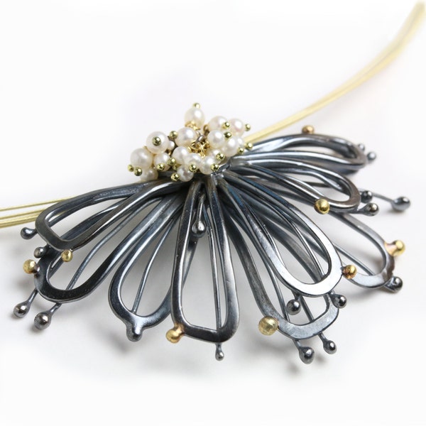 Midnight Petals and Pearl Clusters Flower Pendant. Oxidized Sterling Silver and Solid Gold.