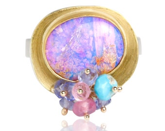 Lilac Crystal Boulder Opal Ring with Multi Cluster. Size 7.