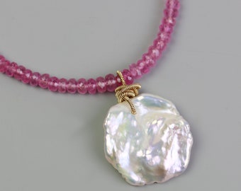 Keshi Pearl Necklace with Gold Fill Coils on Pink Sapphire Strand