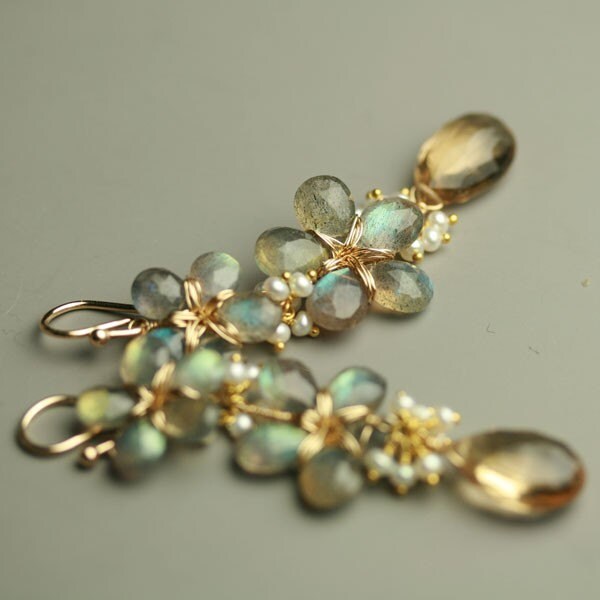 Long Flower Earrings Dangles in Labradorite, Champagne Citrine and Freshwater Pearls