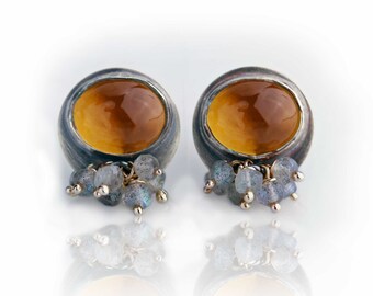 Honey Quartz Post Earrings with Labradorite Fringe