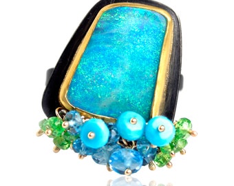 Brilliant Blue Green Opal with Gemstone Fringe. Size 8.