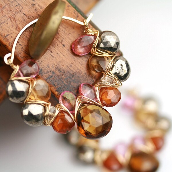 On Sale - Falling Leaves Gem Weave Hoops in Pyrite, Whiskey Quartz, Pink Topaz and Hessonite Garnet