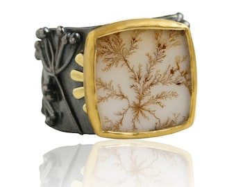 Square Dendritic Agate on a Wide Sprout Band. Size 6 1/2 to 9 1/2.