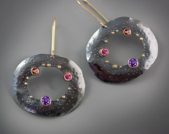 Gold and Gemstone Dotted Pebble Earrings. 14k Gold and Oxidized Sterling Silver