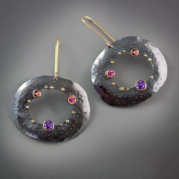 Gold and Gemstone Dotted Pebble Earrings. 14k Gold and Oxidized Sterling Silver