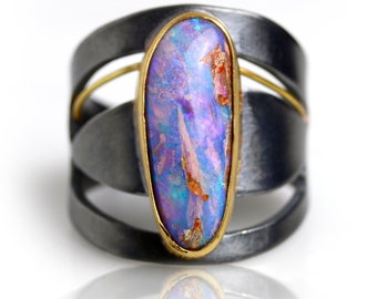Lavender Depths Boulder Opal on a Swirled Band Ring. Size 7 3/4