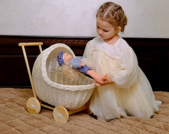 Cochecito de bebé de mimbre blanco, juguete de ensueño para niñas pequeñas, cochecito de muñeca de ratán