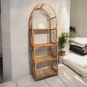 Etagere, bookshelf in boho style, arch shelf made of rattan and woven wicker, shelving unit with 4 shelves