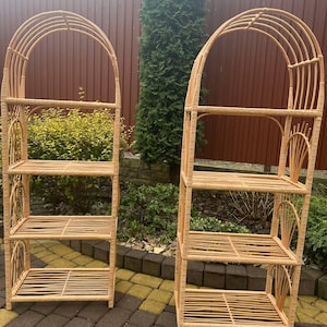 Beige Rattan Wicker Bookshelf – Boho Etagere Bookcase Standing Storage Unit