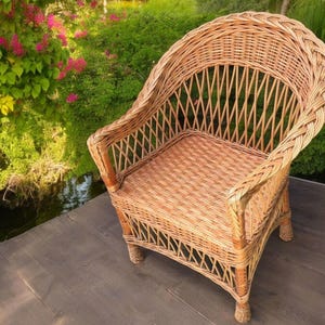 Large Handwoven Willow Rattan Chair – Rustic Wicker Armchair for Patio, Backyard & Living Room Decor