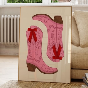 Cowgirl Boot Print: Retro Western Pink Boots with Bows (Digital Download)
