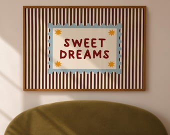 Sweet Dreams Print, Bedroom Wall Art, Light Blue Brown Striped Poster