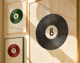 Pool Ball Wall Art Set of 3, Retro Billiards Printable Posters for Bar Decor
