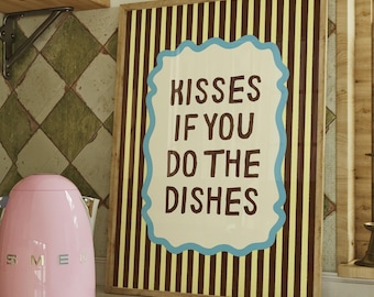 Kisses If You Do The Dishes Print, Retro Kitchen Decor, Striped Wall Art