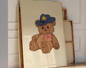 Teddy Bear Cowboy Print, Retro Printable Wall Art for Dorm, Western Decors