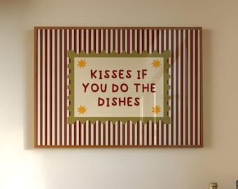 Kisses If You Do The Dishes Print, Quirky Kitchen Art, Retro Printable Poster
