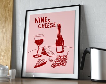 Wine and Cheese Print, Retro Food Poster, Vintage Wine Print, Mid Century Modern Print, Retro Drink Print, Modern Kitchen Wall Art, Bar Cart