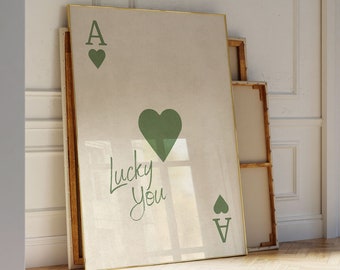 Lucky You Ace of Hearts Print, Sage Green Playing Card Wall Art
