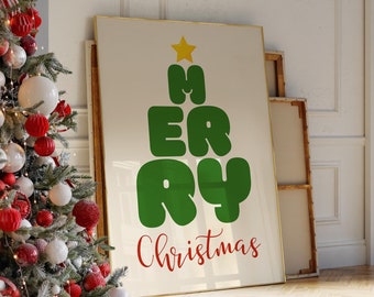 Merry Christmas Art Print, Christmas Tree Poster, Festive Christmas Wall Decor, Digital Christmas Printable
