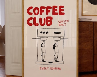 Coffee Club Print, Printable Wall Art, Retro Kitchen Decor, Coffee Gifts