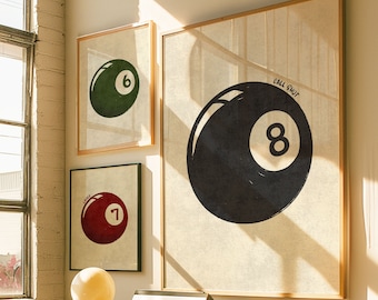 Vintage Billiard Ball Art Prints, Retro Game Room Decor (Digital Download)