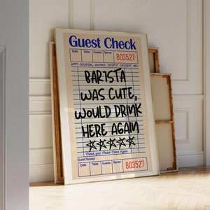 Guest Check Print, Barista Was Cute Would Drink Here Again, Coffee Wall Art, Guest Check Wall Art