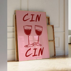 Cin Cin wijn print alcohol print retro wijn poster bar kar muur kunst bar afdrukbare kunst wijn decor drankjes roze rood digitale download