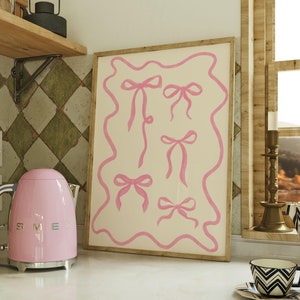 Trendy Coquette Pink Bow Wall Art, Aesthetic Soft Girl Decor, Girly Vintage Art