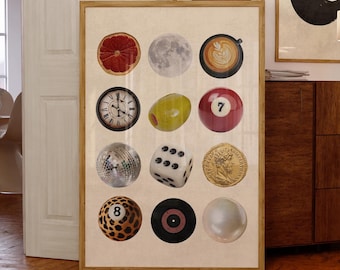 Retro Collage Wall Art, Vintage Poster with Disco, Dice, Coffee & 8 Ball, Cool Wall Decor for Living Room or Dorm