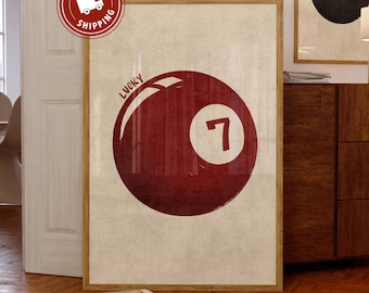 Vintage 7 Ball Pool Poster Print, Retro Billiards Wall Art