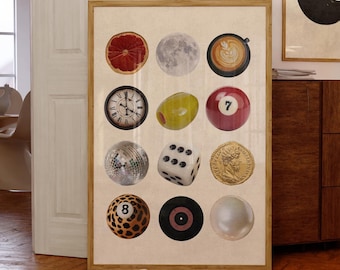 Retro Collage Wall Print, Vintage Disco Dice Coffee 8 Ball Art (Digital Download)