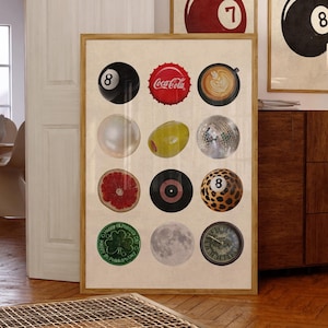 Lámina vintage retro, arte mural moderno, collage retro para pared, decoración moderna para dormitorio, lámina de bola 8