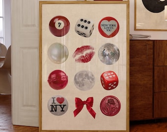 Retro Collage Print, Red Icon Grid, Dopamine Dorm Decor (Digital Download)