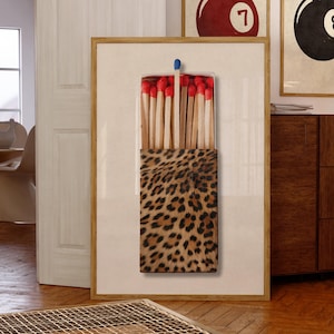 Stampa artistica leopardata su scatola di fiammiferi: decorazione retrò per dormitorio, arte murale di tendenza (download digitale)