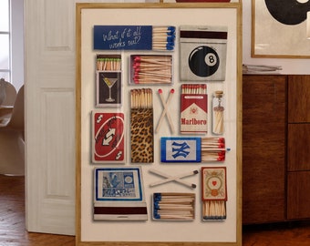 Vintage Matchbox Collage Art Print, Retro Martini Leopard Design (Digital Download)