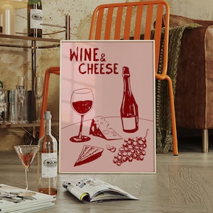 Póster de cóctel moderno de mediados de siglo "Brindemos por el vino y el queso", impresión de vino vintage
