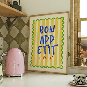 Stampa "Bon Appetit Kitchen", Arte da cucina alla moda, Poster retrò "Bon Appetit", Arte tipografica, Download digitale, Decorazione da parete per la cucina, Arte stampabile