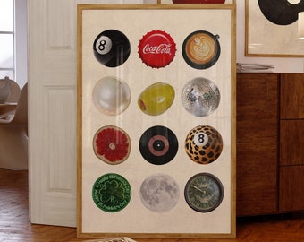 Vintage Retro Print, Trendy Wall Art, Retro Collage Wall Art, Trendy Dorm Decor, 8 Ball Print