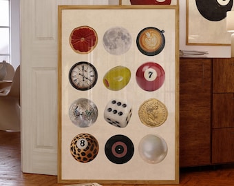 Retro Collage Poster, Vintage Disco Dice Coffee 8 Ball Wall Art (Digital Download)